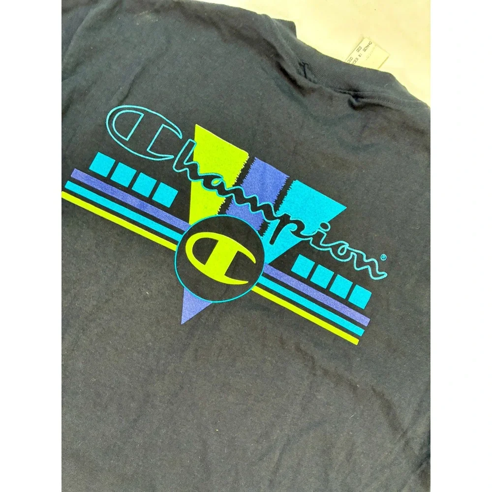 Vintage Champion Men's Black Cotton Graphic T-Shirt Large Retro Unisex Tshirt - Picture 9 of 14